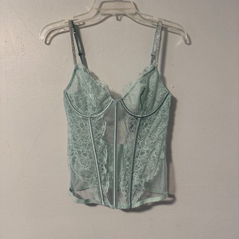 Victorias Secret Very Sexy Pale Blue Lace Corset Top Rhinestone Straps Bustier M